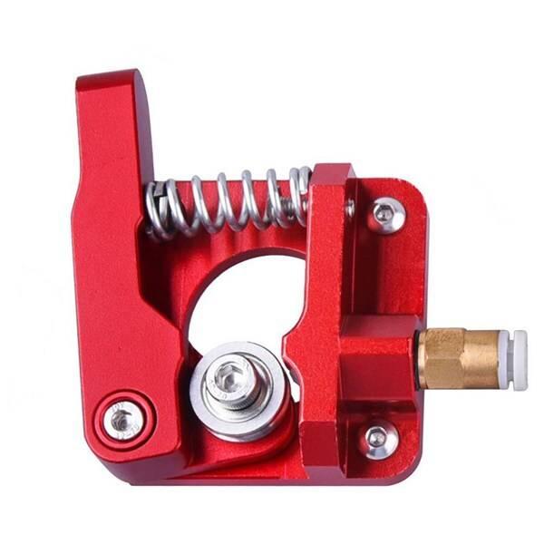 Extruder Kit Aluminum Extruder Drive Feed For Creality Ender 3/3 Pro Cr-10, CR-10S, Cr-10 S4, Cr-10 S5, 1.75mm Right Hand - a red metal 3D printer extruder assembly with a tension spring, a bearing pulley, and a brass connector.