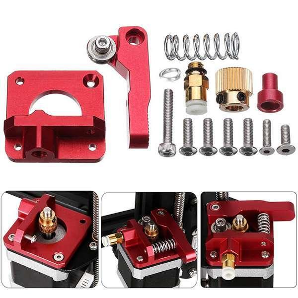 Extruder Kit Aluminum Extruder Drive Feed For Creality Ender 3/3 Pro Cr-10, CR-10S, Cr-10 S4, Cr-10 S5, 1.75mm Right Hand - a red metal extruder assembly, a spring, brass gear, pneumatic fitting, and various mounting screws.
