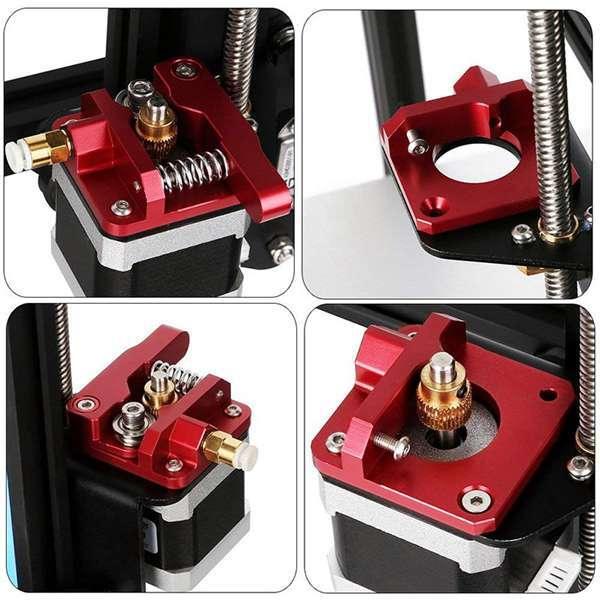 Extruder Kit Aluminum Extruder Drive Feed For Creality Ender 3/3 Pro Cr-10, CR-10S, Cr-10 S4, Cr-10 S5, 1.75mm Right Hand - four close-up views of the red metal extruder assembly mounted on a 3D printer stepper motor.