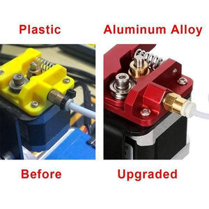 Extruder Kit Aluminum Extruder Drive Feed For Creality Ender 3/3 Pro Cr-10, CR-10S, Cr-10 S4, Cr-10 S5, 1.75mm Right Hand - a side-by-side comparison of a yellow plastic extruder and an upgraded red aluminum alloy extruder.