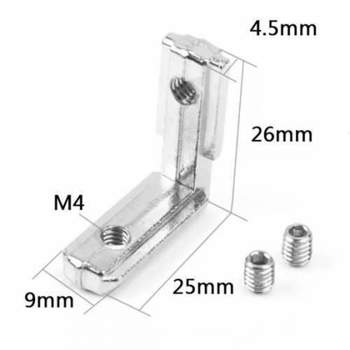 Extrusion Corner | Fixed Block | L-type Internal 20x20 - shown as a silver metal bracket with two threaded M4 holes, dimensions, and two small grub screws.