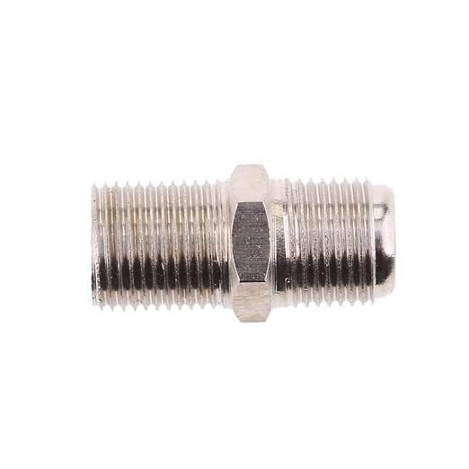 F Type Coaxial Cable Coupler Female F/f Jack Adapter Connector - a silver-colored metal barrel connector with threaded ends and a central hexagonal nut.