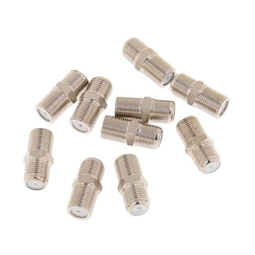 F Type Coaxial Cable Coupler Female F/f Jack Adapter Connector - a collection of nine silver-colored, double-ended cylindrical coaxial connectors.