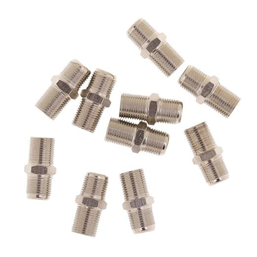 F Type Coaxial Cable Coupler Female F/f Jack Adapter Connector - collection of nine identical silver-colored metal coaxial barrel connectors.