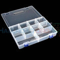 F300 Organizer Box Storage Box 10 Section Makeup Organizer Container Box - a clear plastic storage container featuring ten individual compartments, a hinged lid, and two blue locking latches.
