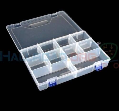F300 Organizer Box Storage Box 10 Section Makeup Organizer Container Box - a clear plastic storage container featuring ten individual compartments, a hinged lid, and two blue locking latches.