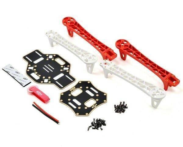 F450 Drone Kit DIY Quadcopter Flying Multicopter Heli Flame Wheel Kit - parts including two red and two white arms, two black frame plates, screws, a battery strap, and wires on a white background.