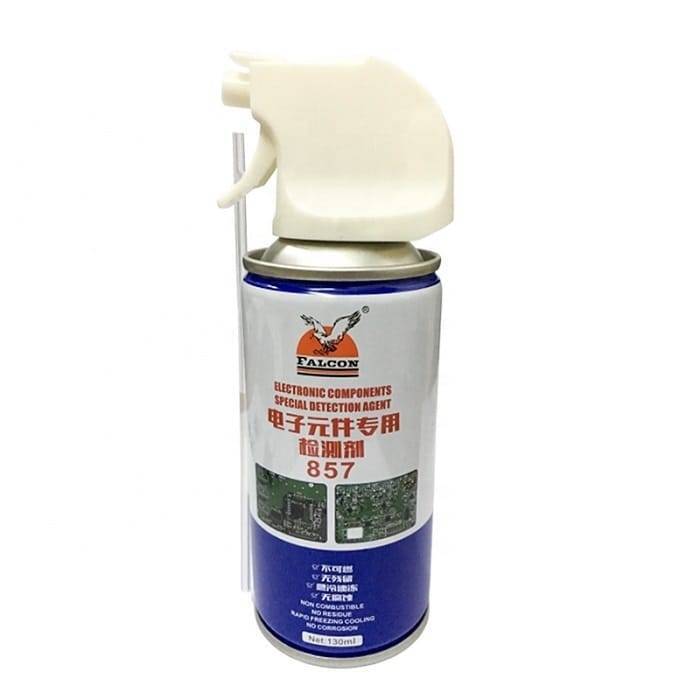 Falcon 857 Electronic Components Detection Circuit Chiller Freezing Spray -60° 130ML - a blue and white aerosol can with a white trigger sprayer and an attached clear plastic straw.