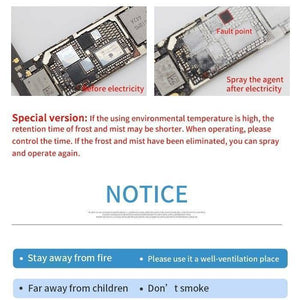 Falcon 857 Electronic Components Detection Circuit Chiller Freezing Spray -60° 130ML - board before and after applying the spray to locate a fault.