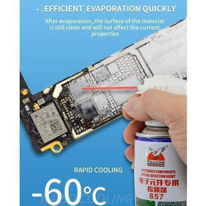 Falcon 857 Electronic Components Detection Circuit Chiller Freezing Spray -60° 130ML - with a red nozzle being used to apply a white cooling mist onto a printed circuit board.