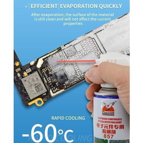 Falcon 857 Electronic Components Detection Circuit Chiller Freezing Spray -60° 130ML - with a red nozzle being used to apply a white cooling mist onto a printed circuit board.