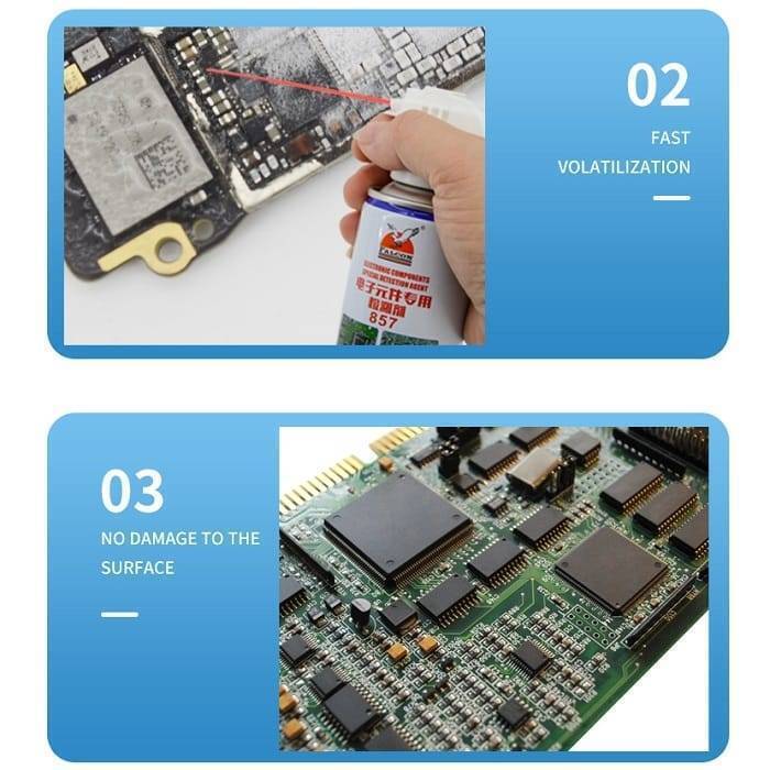 Falcon 857 Electronic Components Detection Circuit Chiller Freezing Spray -60° 130ML - a hand using the spray can on a circuit board and a clean circuit board.