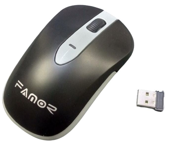 Famor M360 2.4G Wirleless Mouse - shown in black and grey with a scroll wheel and its accompanying USB receiver.