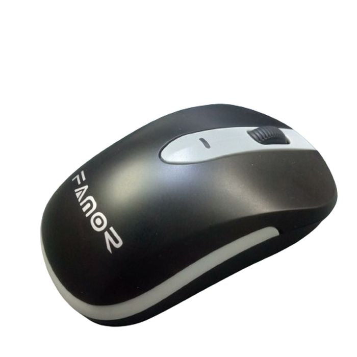 Famor M360 2.4G Wirleless Mouse - Wireless Mouse in black and grey, featuring a scroll wheel and a central button on its contoured top surface.
