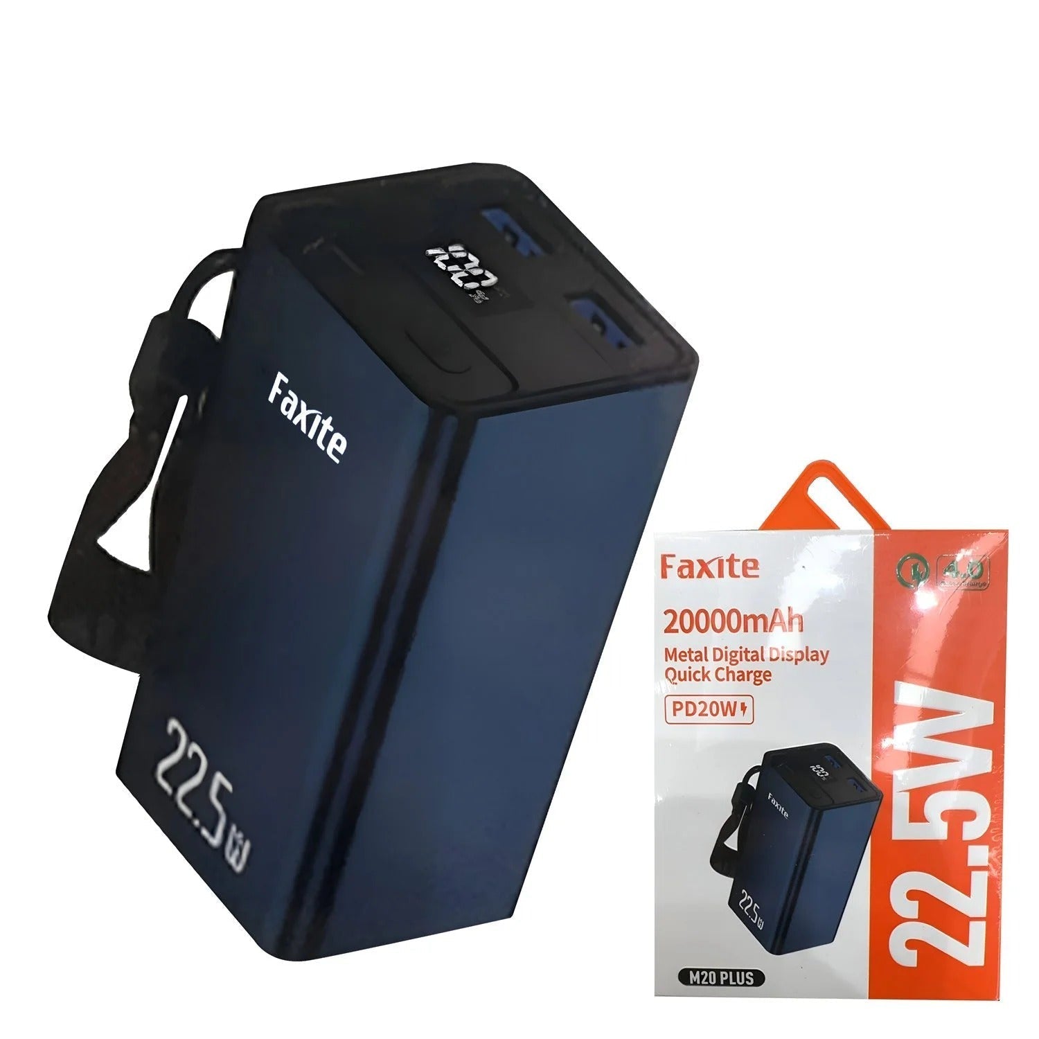 Faxite M20 Pro 20000mAh 22.5W Metal Digital Display Quick Charge 4.0 Power Bank - Plus power bank in dark blue with a digital display showing 100%, two USB ports, a carrying strap, and its matching retail packaging box.