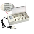FB-C10 Charging (4-ni-cd Battery 1.2V+2b Crone) NiMH 1.2V Battery Charger - a white, rectangular device with four slots for 1.2V batteries, two 9V ports, and an attached power cord.