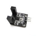 Fc-33 10mm Arduino RPM Sensor Rotational Speed Measuring Sensor - a black U-shaped optical sensor module with three metal pins and two mounting holes on a printed circuit board.