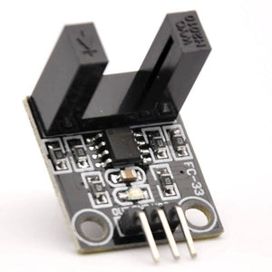 Fc-33 10mm Arduino RPM Sensor Rotational Speed Measuring Sensor - a black PCB module featuring a U-shaped infrared sensor, a small integrated circuit, and three gold-plated connector pins.