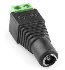 Female 2.1 5.5mm DC Power Plug Jack DC Socket - a black cylindrical connector with a green two-terminal screw block on the end.