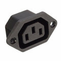 Female AC Power Plug Socket Connector Adapter - a black, panel-mount, three-pin electrical socket with two screw holes for mounting.