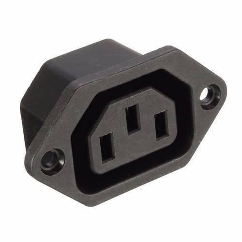 Female AC Power Plug Socket Connector Adapter - a black, panel-mount, three-pin electrical socket with two screw holes for mounting.