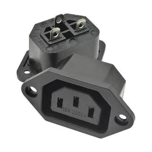 Female AC Power Plug Socket Connector Adapter - two black, panel-mount, three-pin power sockets with visible metal terminals and mounting holes.