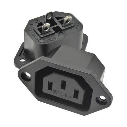 Female AC Power Plug Socket Connector Adapter - two black, panel-mount, three-pin power sockets with visible metal terminals and mounting holes.