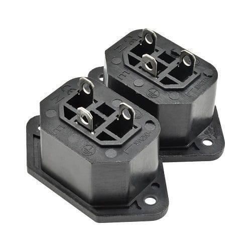 Female AC Power Plug Socket Connector Adapter - two black plastic panel-mount power sockets with three metal terminal pins each.