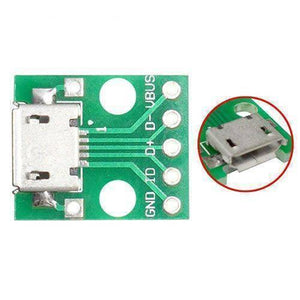 Female Micro USB To DIP 5-pin Bread Board Power Supply Breadboard Power Supply - a green circuit board with a micro USB port and a red-circled close-up of the connector.
