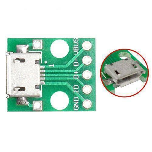 Female Micro USB To DIP 5-pin Bread Board Power Supply Breadboard Power Supply - a green circuit board with a micro USB port and a red-circled close-up of the connector.