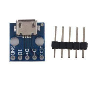 Female Micro USB To DIP 5-pin Bread Board Power Supply Breadboard Power Supply - shown as a blue circuit board with a Micro USB port and a separate 5-pin header strip.