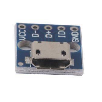 Female Micro USB To DIP 5-pin Bread Board Power Supply Breadboard Power Supply - a blue rectangular breakout board with a silver female micro USB port and five labeled through-hole pins.