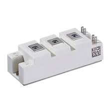 FF100R12RT4 IGBT-module - a white rectangular power electronic component with three metal screw terminals on top and four small pin connectors on the side.