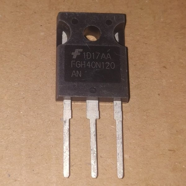 FGH40N120AN 1200V 40A IGBT - a close-up of a black, three-pin electronic component with the text FGH40N120AN printed on its face.
