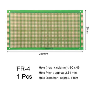 Fiber Glass Veroboard - shown as a rectangular green circuit board with a grid of holes, accompanied by a dimension and specification diagram.