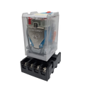 Finder Relay 12VDC 10A 60.12 With 8pin Rail-mount Relay Socket Relay Base - a clear-cased 8-pin relay mounted on a black screw-terminal base with a schematic diagram printed on its metal side casing.