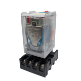 Finder Relay 12VDC 10A 60.12 With 8pin Rail-mount Relay Socket Relay Base - a clear-cased 8-pin relay mounted on a black screw-terminal base with a schematic diagram printed on its metal side casing.