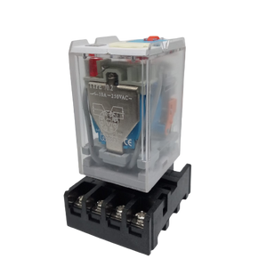 Finder Relay 12VDC 10A 60.12 With 8pin Rail-mount Relay Socket Relay Base - a clear-cased 8-pin relay mounted on a black screw-terminal base with a schematic diagram printed on its metal side casing.