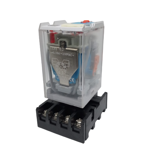 Finder Relay 12VDC 10A 60.12 With 8pin Rail-mount Relay Socket Relay Base - a clear-cased 8-pin relay mounted on a black screw-terminal base with a schematic diagram printed on its metal side casing.