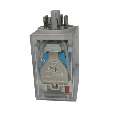 Finder Relay 12VDC 10A 60.12 With 8pin Rail-mount Relay Socket Relay Base - a rectangular, clear-cased electrical relay with eight metal pins on top and a printed wiring diagram on its side.