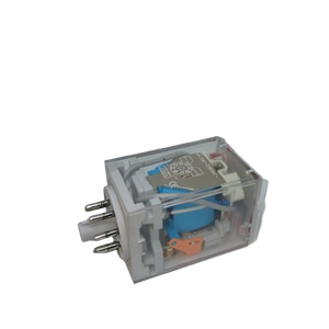 Finder Relay 12VDC 10A 60.12 With 8pin Rail-mount Relay Socket Relay Base - a rectangular clear-cased relay with a blue internal coil and eight metal pins extending from one end.