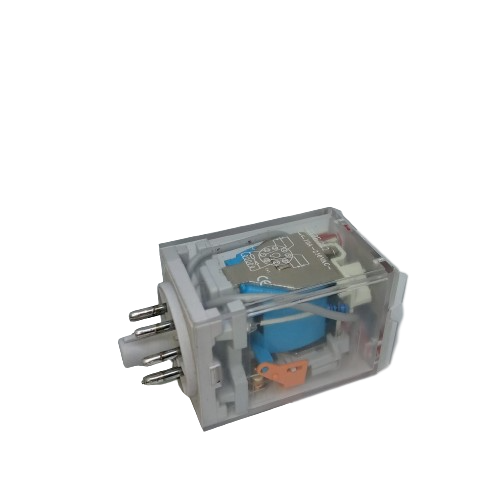 Finder Relay 12VDC 10A 60.12 With 8pin Rail-mount Relay Socket Relay Base - a rectangular clear-cased relay with a blue internal coil and eight metal pins extending from one end.
