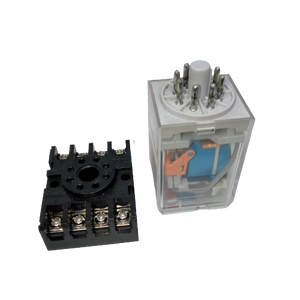 Finder Relay 12VDC 10A 60.12 With 8pin Rail-mount Relay Socket Relay Base - a clear-cased relay with metal pins next to a black plastic base with screw terminals.