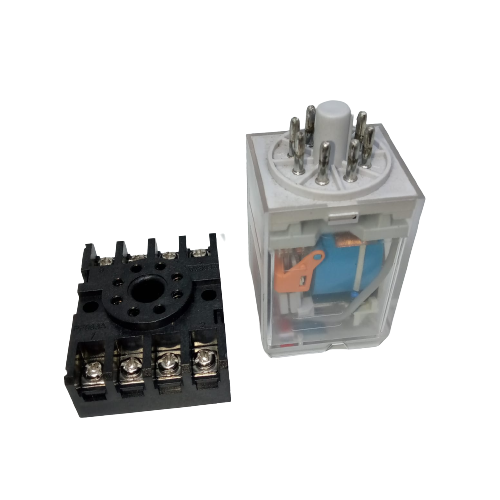 Finder Relay 12VDC 10A 60.12 With 8pin Rail-mount Relay Socket Relay Base - a clear-cased relay with metal pins next to a black plastic base with screw terminals.