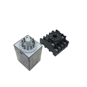 Finder Relay 12VDC 10A 60.13 With 11PIN Rail-mount Relay Socket Relay Base - an 11-pin rectangular relay beside its corresponding black plastic screw-terminal base.
