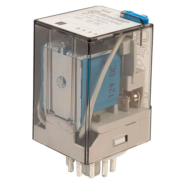 Finder Relay 12VDC 10A 60.13 With 11PIN Rail-mount Relay Socket Relay Base - a clear-cased 12V DC relay with a blue coil, metal frame, and 11-pin connector base, featuring a blue manual test button on top.
