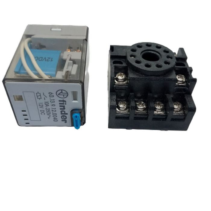 Finder Relay 12VDC 10A 60.13 With 11PIN Rail-mount Relay Socket Relay Base - a transparent-cased relay next to a black plastic 11-pin rail-mount base with screw terminals.