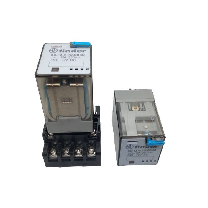 Finder Relay 12VDC 10A 60.13 With 11PIN Rail-mount Relay Socket Relay Base - one relay mounted on a black 11-pin base and one standalone relay, both with clear cases and blue test buttons.