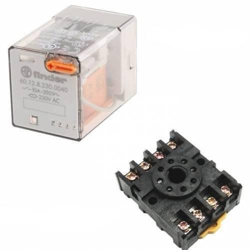 Finder Relay 220VAC 60.12 With 8pin Rail-mount Relay Socket Relay Base - a clear-cased rectangular relay with an orange test button and a black circular base.