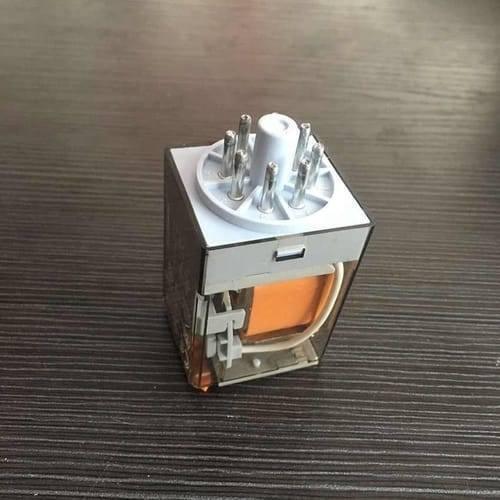 Finder Relay 220VAC 60.12 With 8pin Rail-mount Relay Socket Relay Base - an 8-pin electromagnetic relay with a transparent plastic casing, an orange internal coil, and a white circular base.